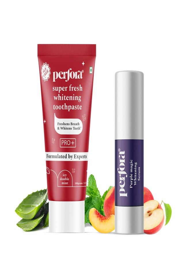 بيرفورا مجموعة بيرفورا للانتعاش الفوري | سيروم تبييض الأسنان البنفسجي 30 مل ومعجون أسنان سوبر فريش 100 غ | معجون أسنان آمن على مينا الأسنان لتبييض الأسنان للرجال والنساء | يساعد على منع رائحة الفم الكريهة | خالٍ من كبريتات لوريل الصوديوم - Image 1